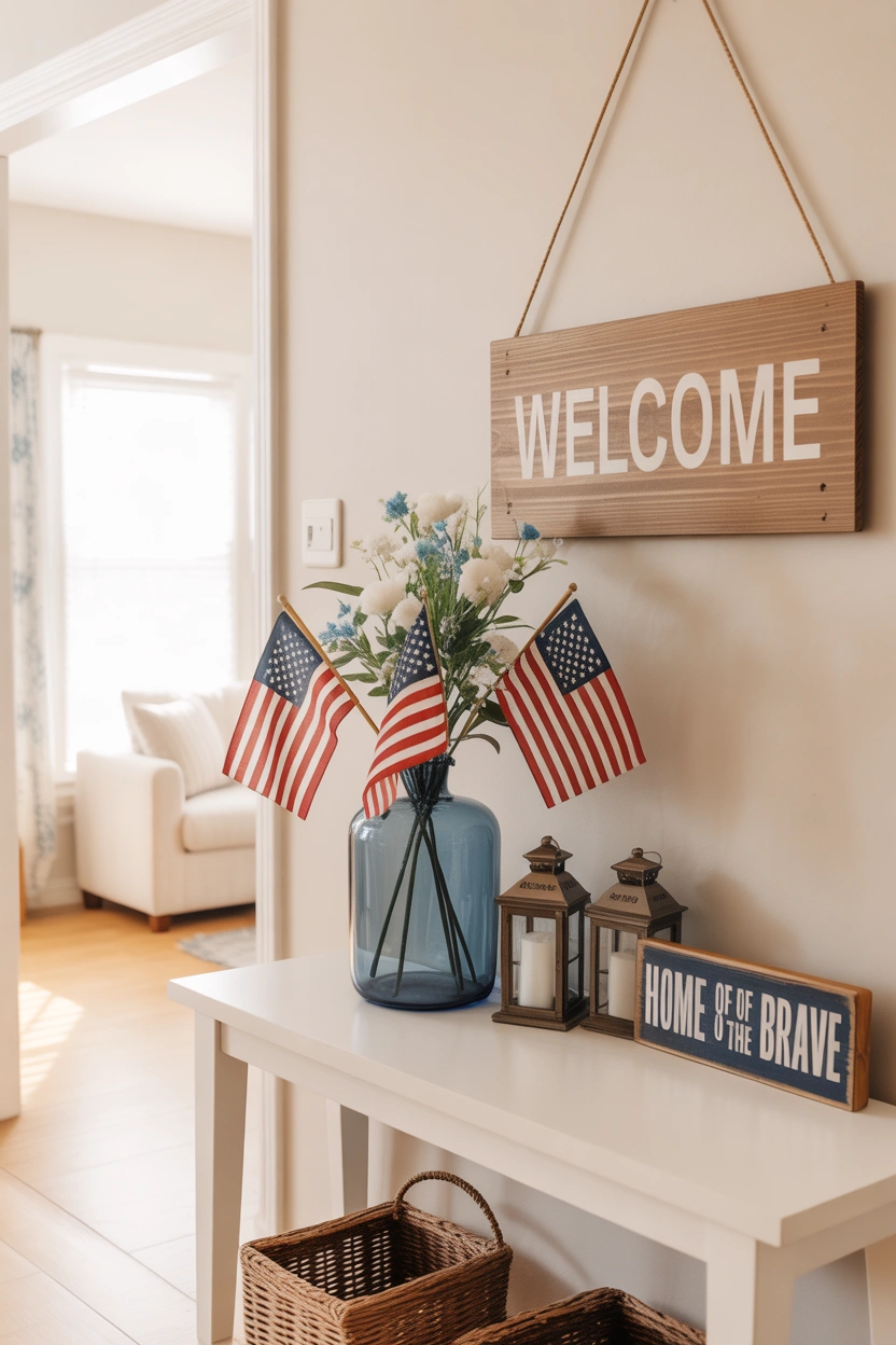 Patriotic 4th of July entryway console table with wooden welcome sign, flag vase, and lanterns
