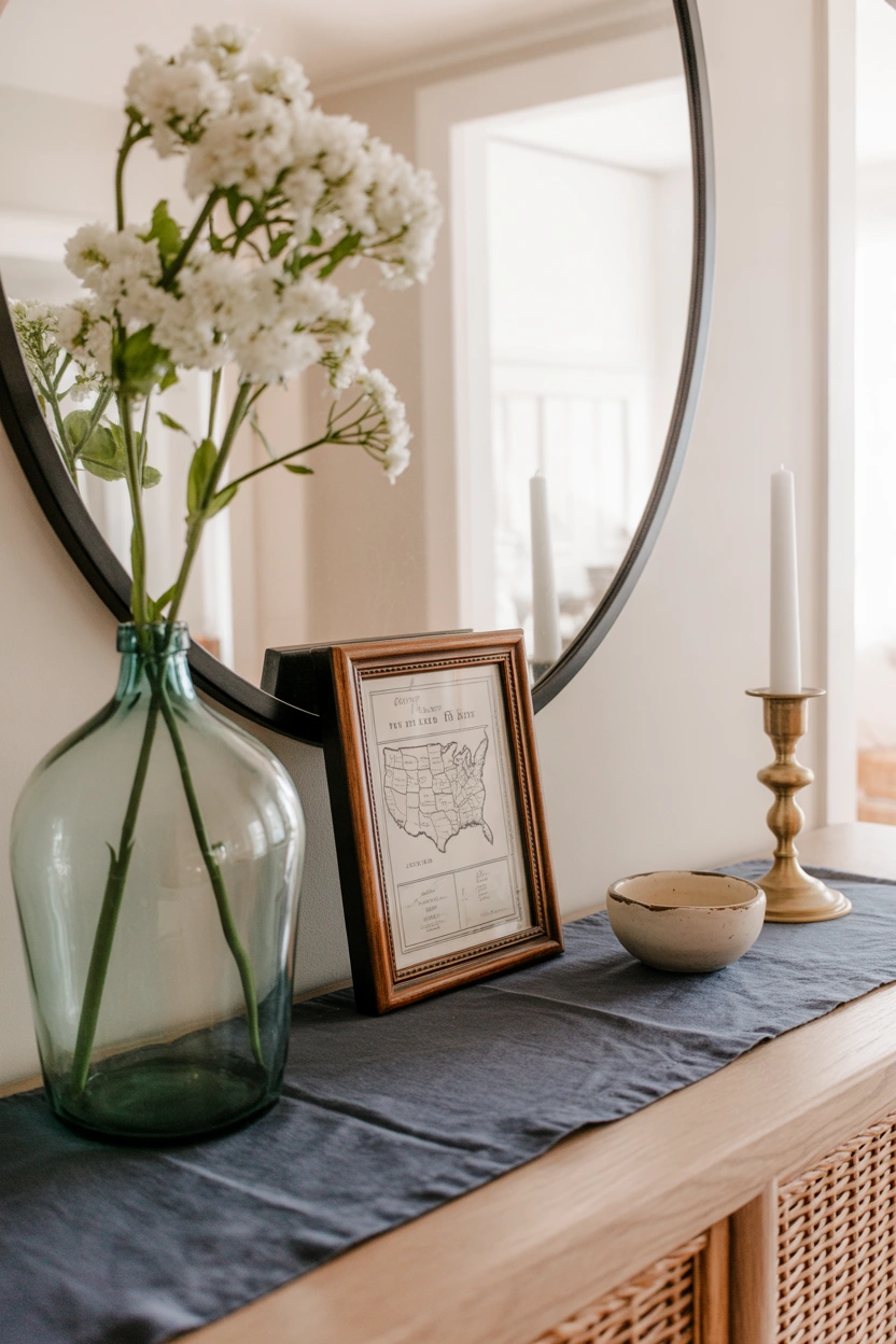 Styled entryway console table with navy runner vintage map print and white flowers for 4th of July patriotic home decor