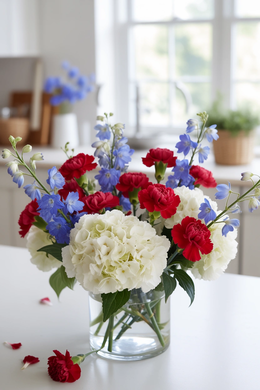 Patriotic floral arrangement with red carnations, white hydrangeas, and blue delphinium in a glass vase for 4th of July decor