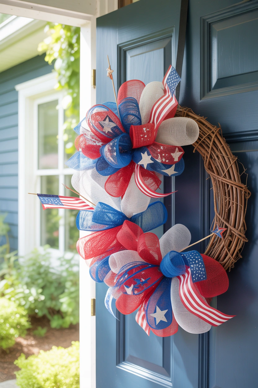 Lush red white and blue patriotic wreath on a navy blue front door for 4th of July decor