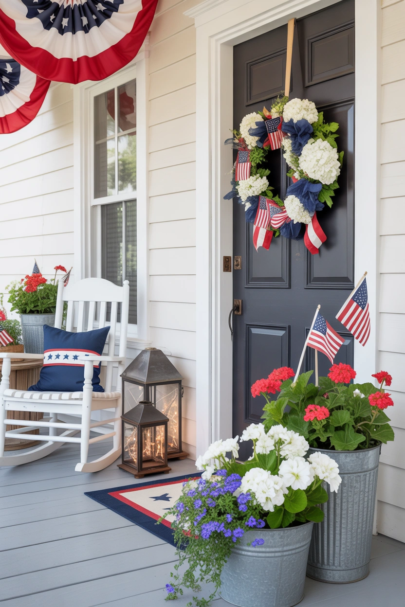 Patriotic front porch decorated for Independence Day