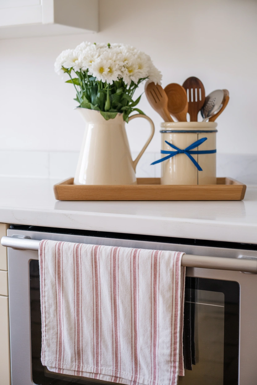 Patriotic kitchen counter vignette with wooden tray, cream pitcher, white flowers, and striped towel for 4th of July home decor