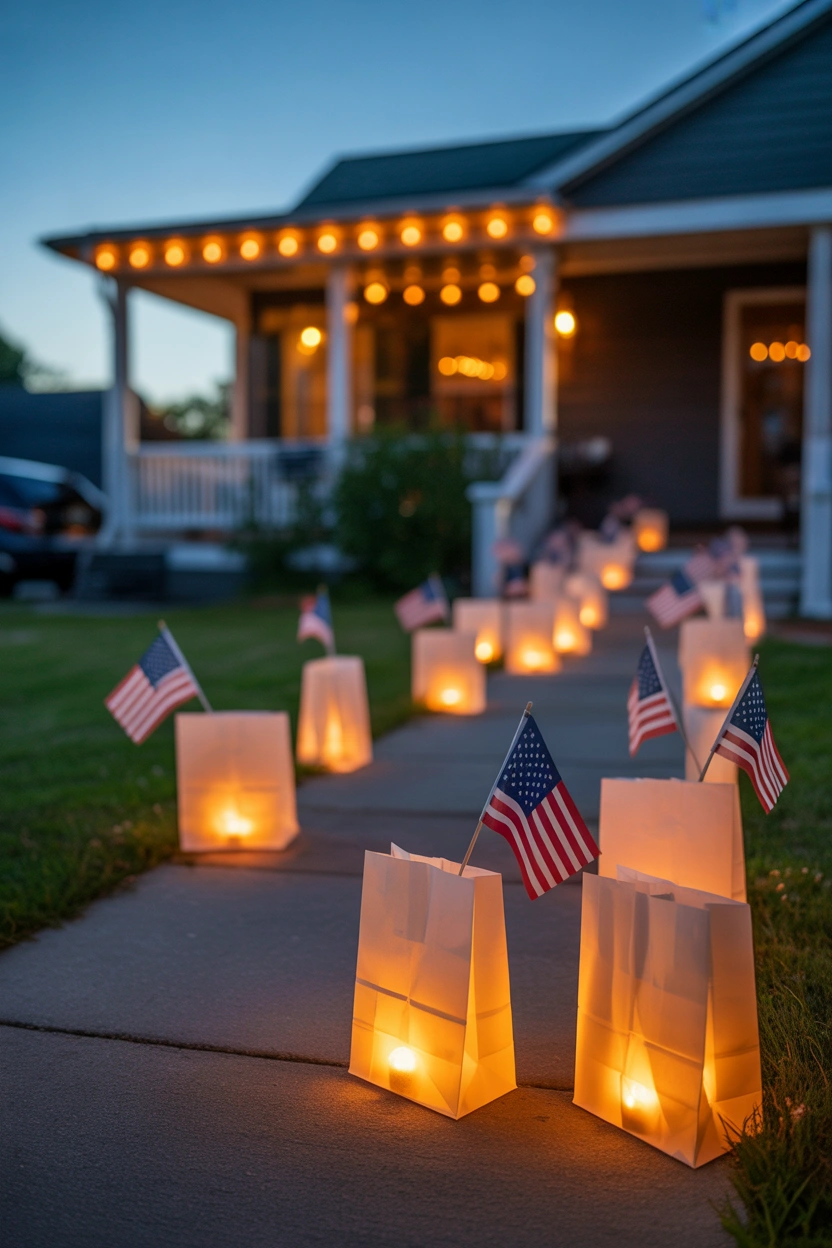 Paper bag luminaries and American flags lining a front porch walkway for 4th of July evening decor