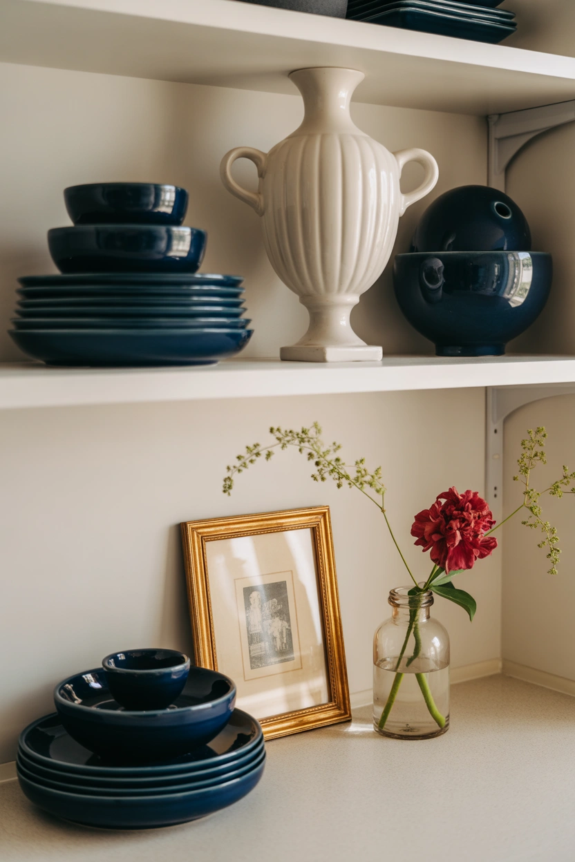 Patriotic open shelving styled with navy dishes, white urn, and red flower for 4th of July dining room home decor
