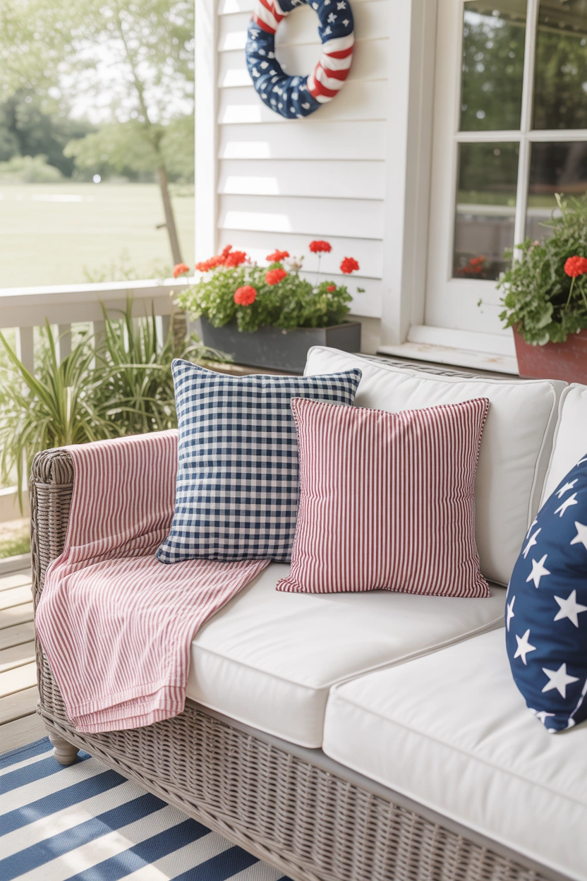 Outdoor porch sofa with red, white, and blue patriotic throw pillows and striped blanket for 4th of July decor