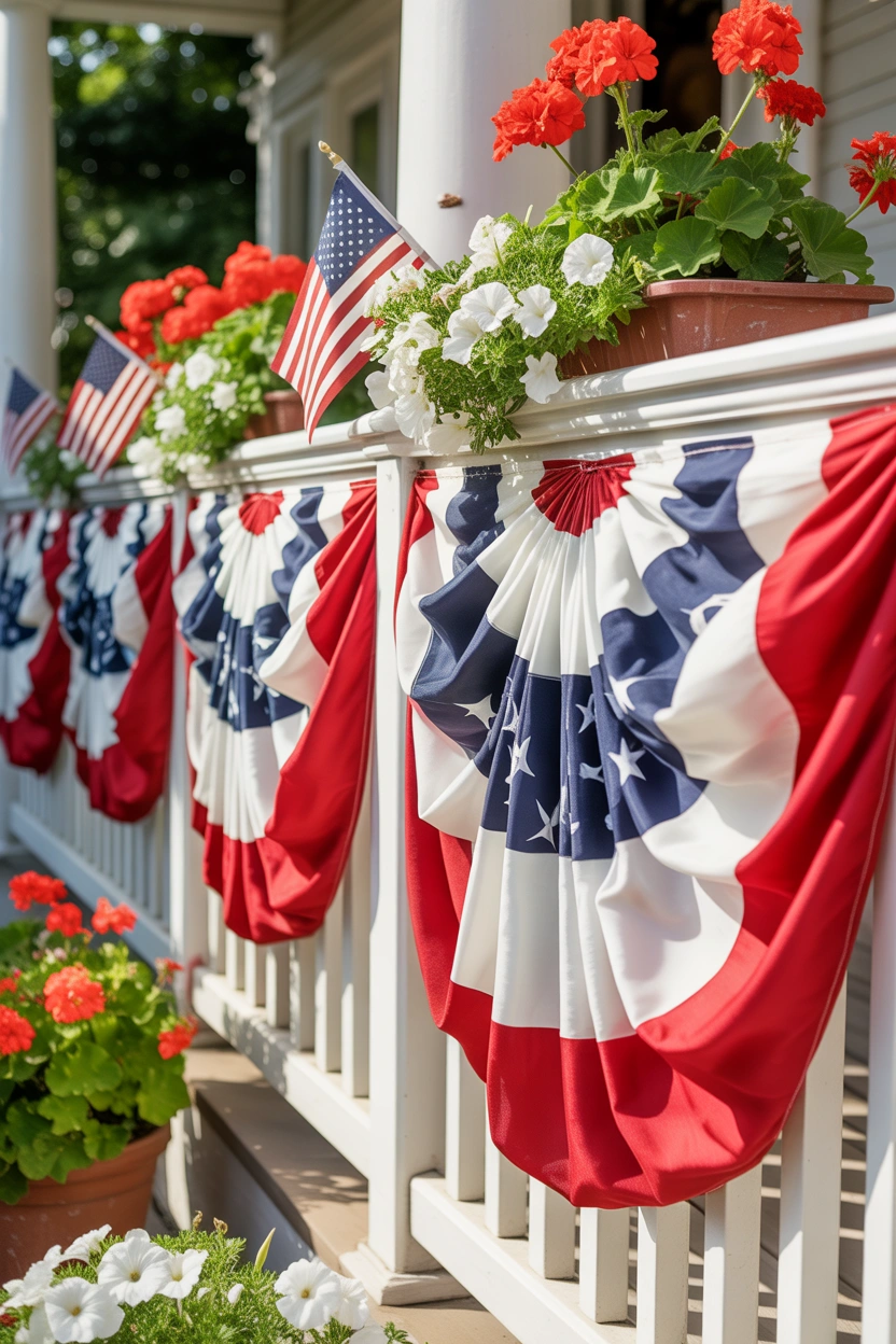 Fabric bunting on decorated porch railing