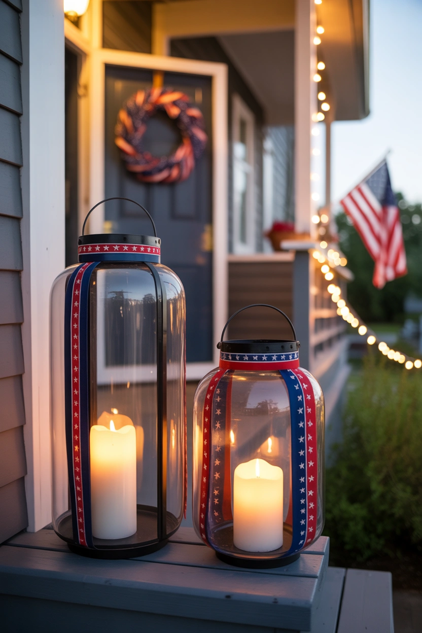 Red, white, and blue patriotic porch lanterns with candles glowing at dusk for 4th of July front porch decor