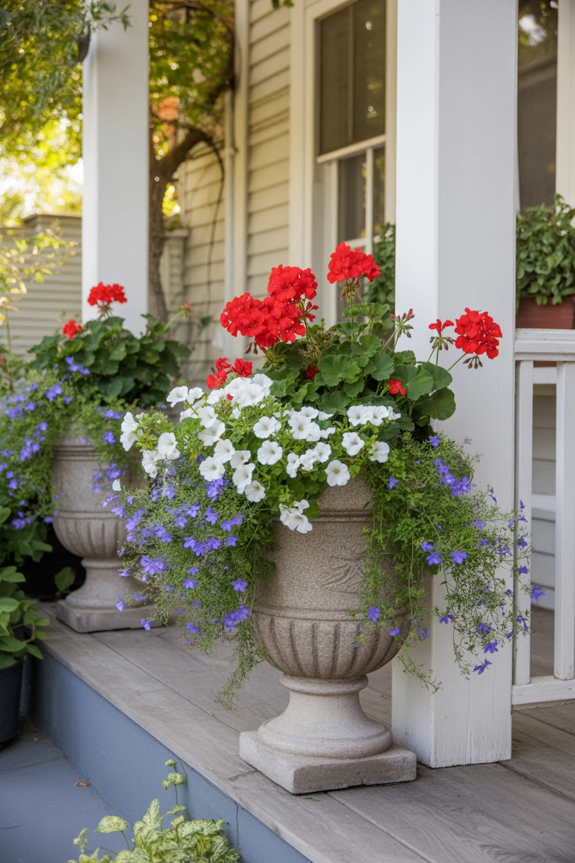 Red white blue flower planters for porch decor
