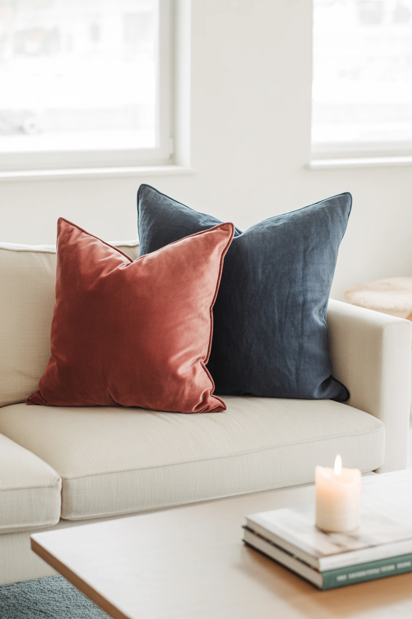 Living room with dusty red, navy, and cream throw pillows on cream sofa for elevated 4th of July home decor