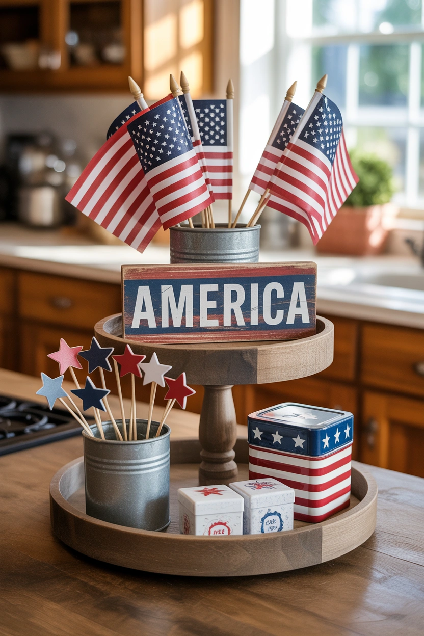 Patriotic tiered tray decorated with mini American flags, a wooden America sign, and red, white, and blue star picks for the 4th of July