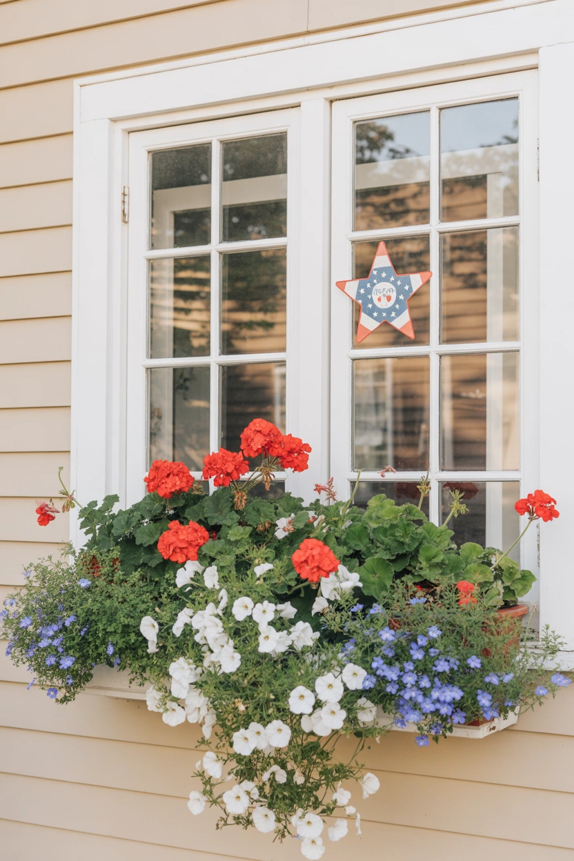 Red geranium and blue lobelia window box with patriotic window cling for 4th of July home exterior decor