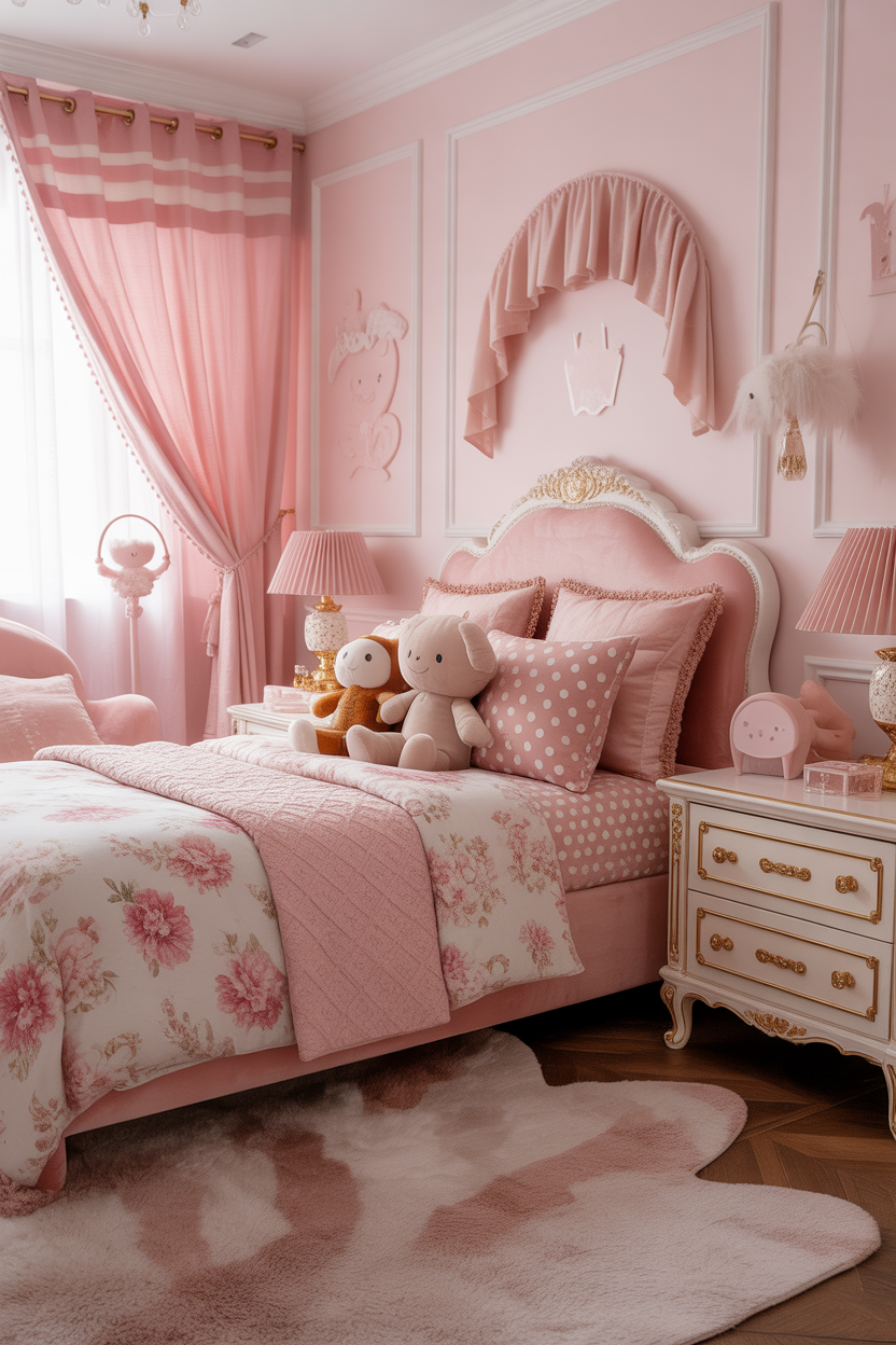 Pink maximalist kids bedroom with mixed patterns including floral duvet, striped curtains, and polka dot pillows in coordinating tones