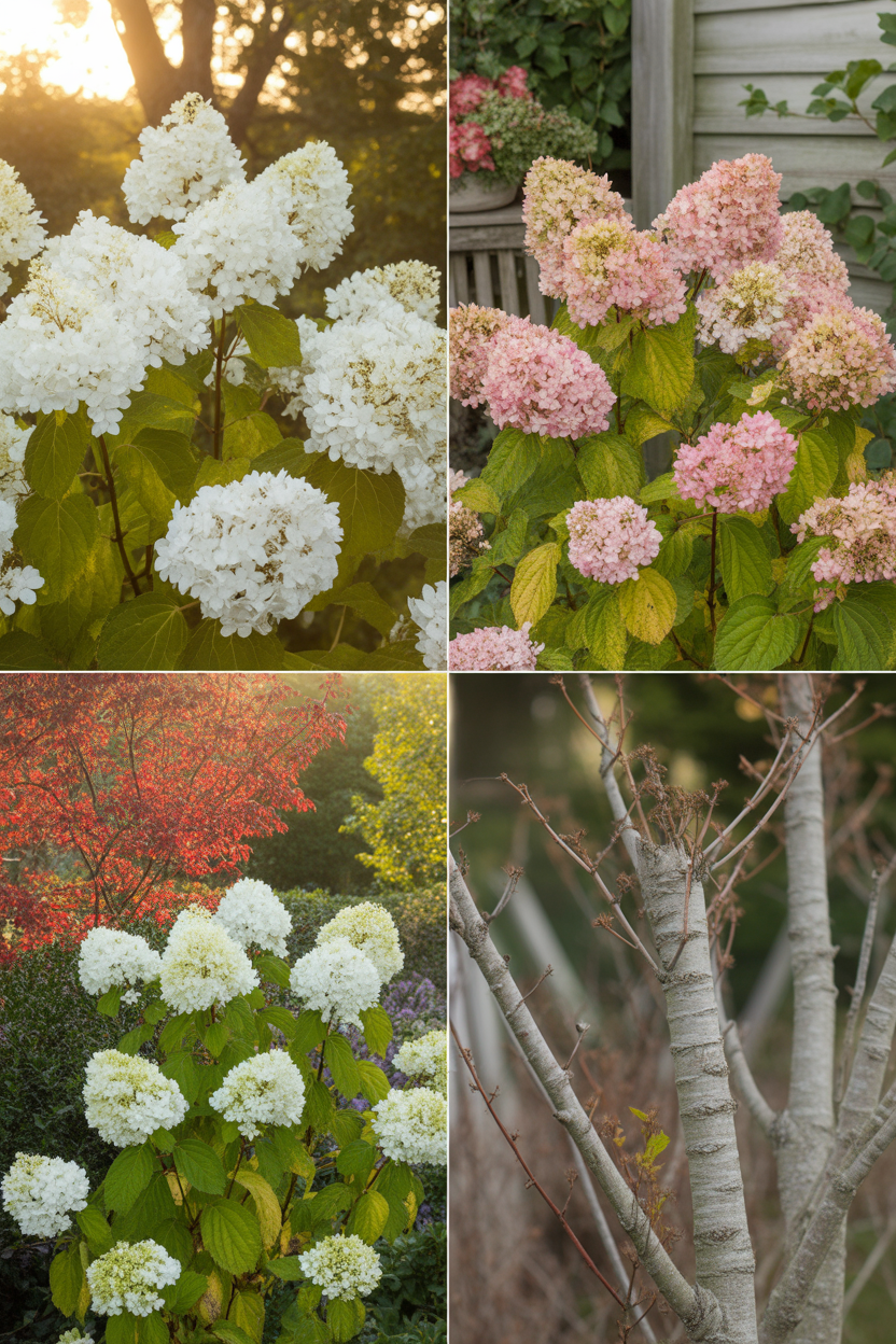 Pee Wee oakleaf hydrangea showing four seasons of interest as a compact cottage garden foundation shrub