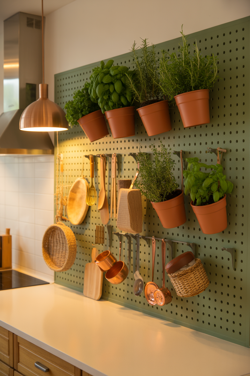 Sage green pegboard herb garden wall in a stylish modern kitchen