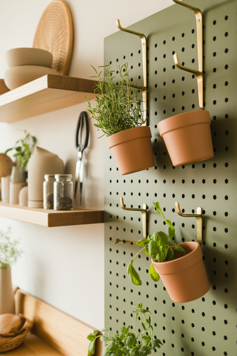 Sage green pegboard herb wall in kitchen with hanging terracotta pots and fresh herbs