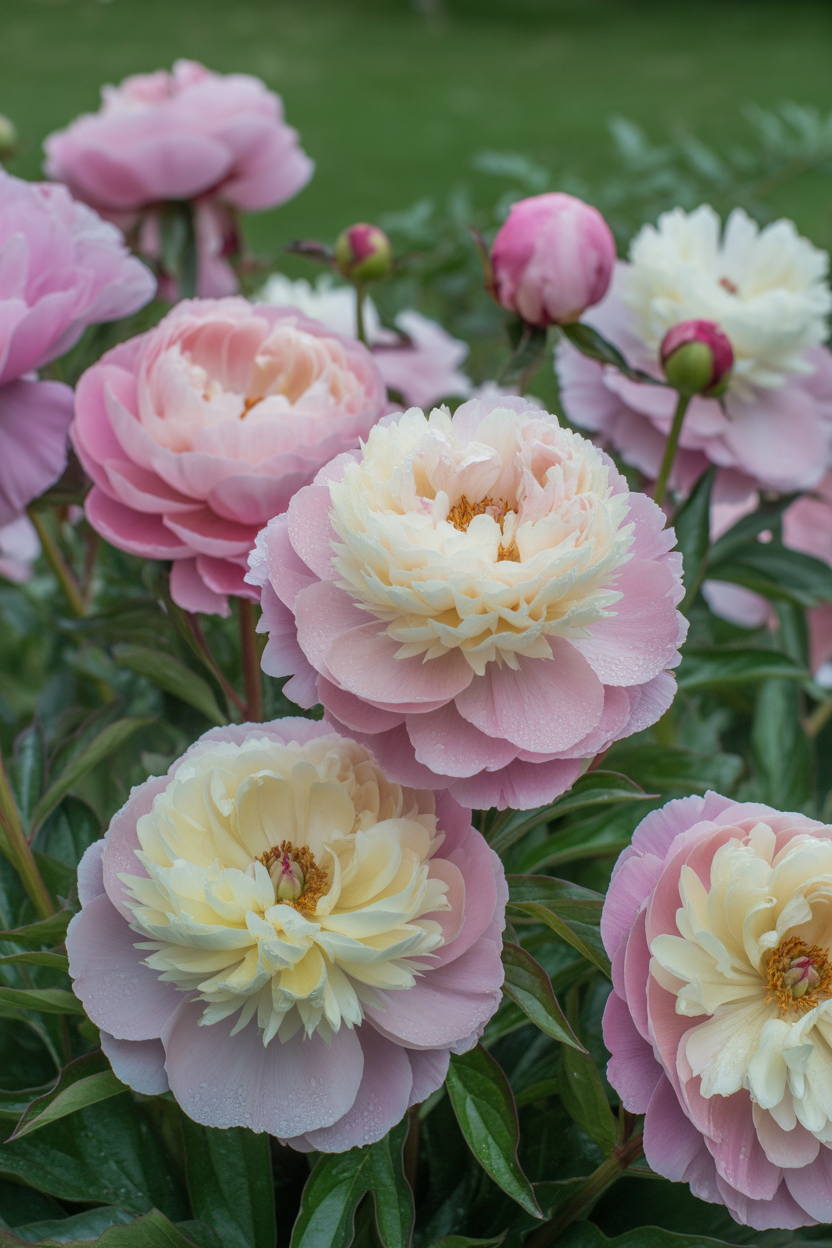 Blush pink peony flowers blooming in a lush cottage garden border in soft morning light