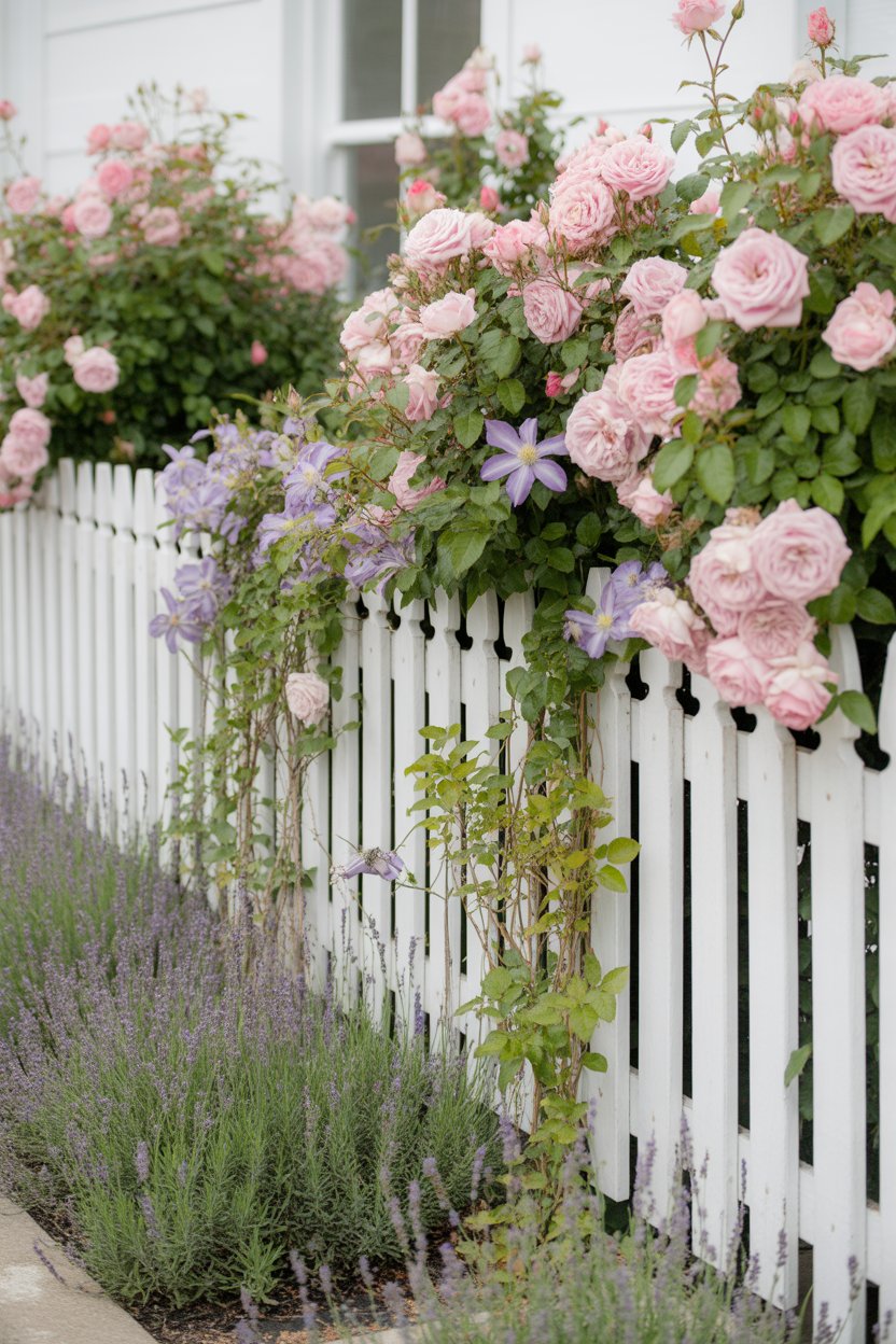 White picket fence cottage garden border with pink climbing roses and purple clematis vines