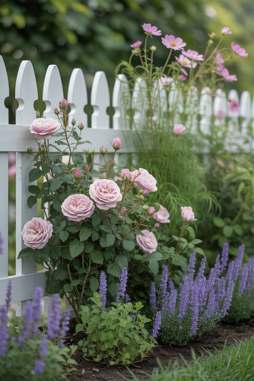 Cottage garden flower border along white picket fence with climbing roses, catmint, and cosmos