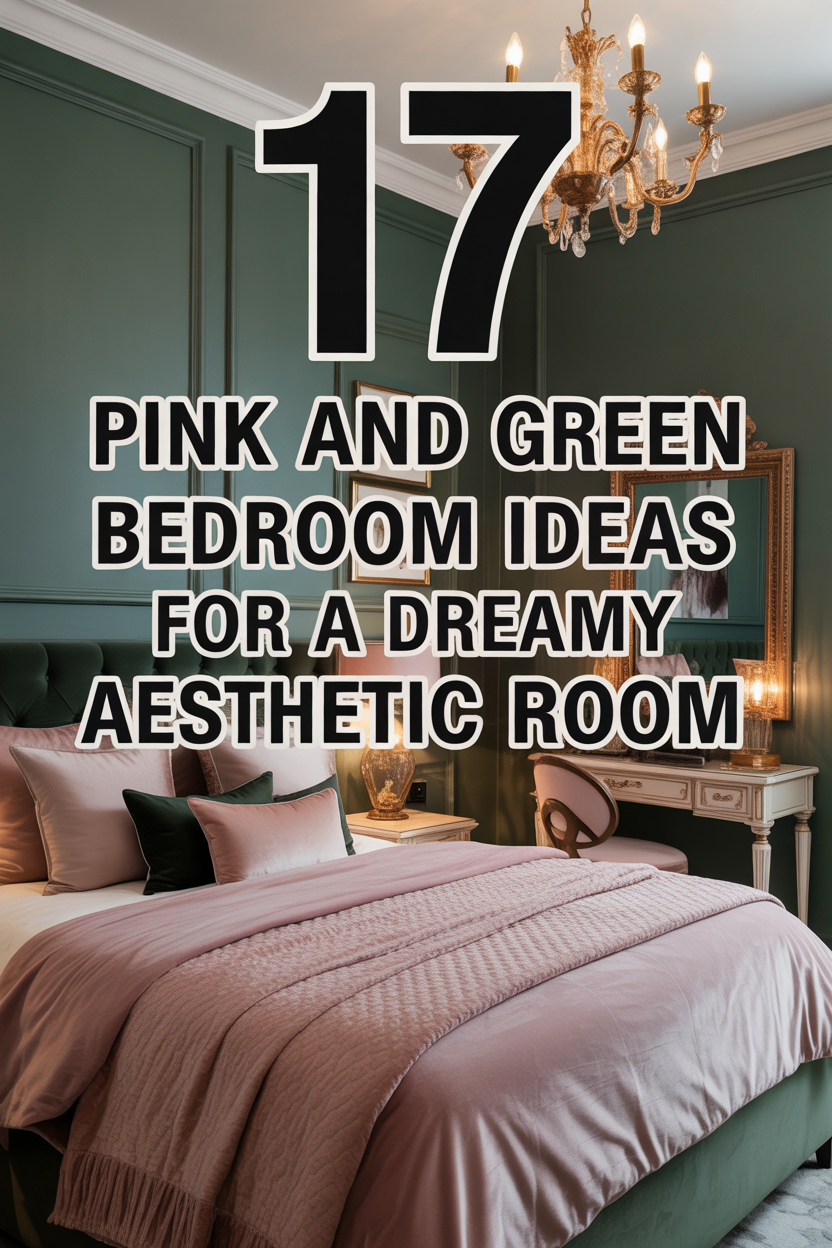 Ultra luxury pink and green bedroom with sage walls, dusty rose velvet bedding and elegant gold decor