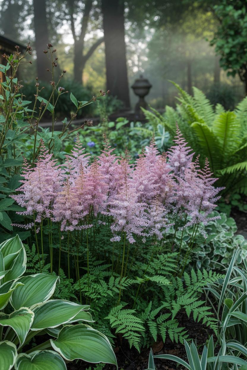 Soft pink astilbe flowers in a lush shade garden