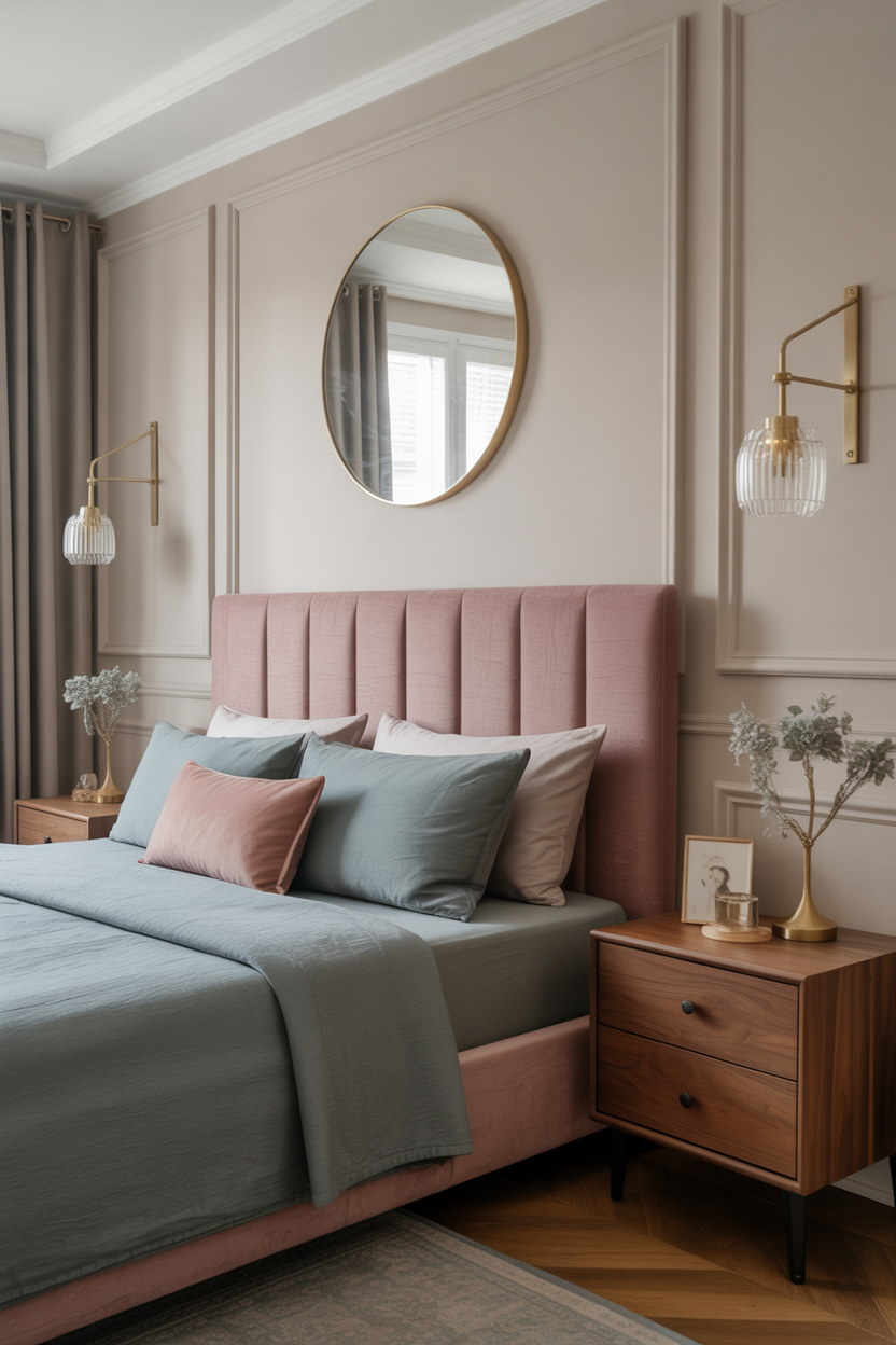 Pink and blue adult bedroom with brass accents, walnut furniture, and dusty rose headboard — sophisticated bedroom decor
