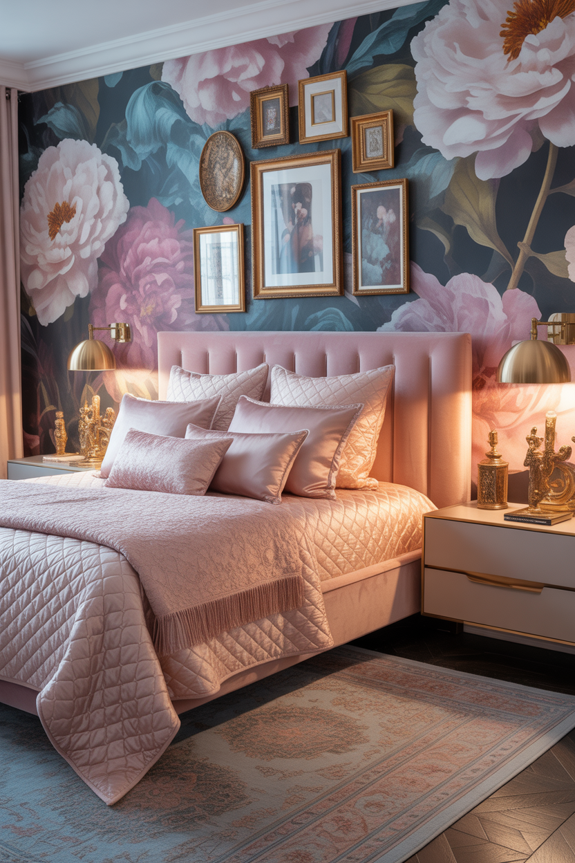 Pink and blue bedroom decor Pinterest-style cover featuring bold maximalist interior design and stylish cozy aesthetic for small spaces