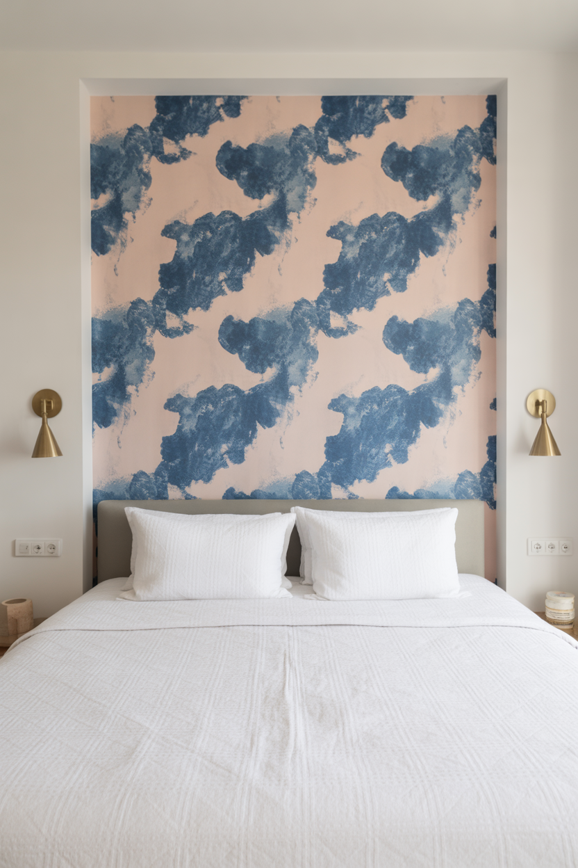 Pink and blue abstract watercolor wallpaper on bedroom headboard feature wall — bedroom wallpaper ideas