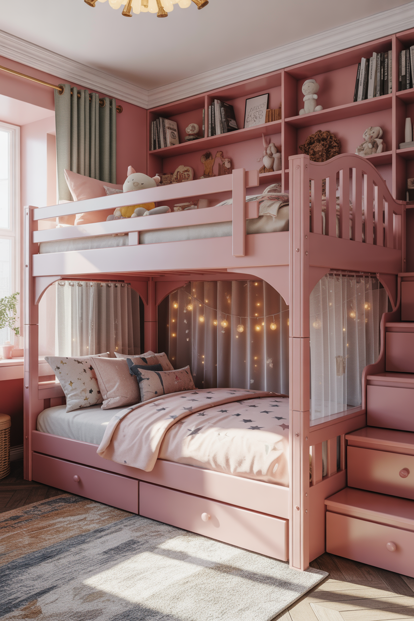 Pink bunk bed with curtained lower bunk and star-print bedding on top in a maximalist kids' bedroom.