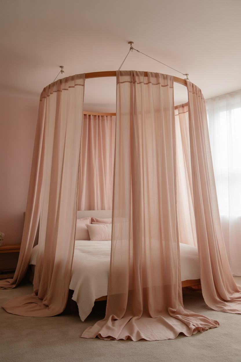 Compact pink canopy bed with sheer draping in small bedroom space