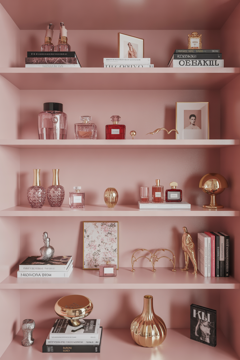 Cluttercore shelving with curated pink vintage collectibles and decor