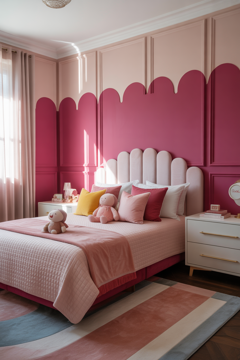 Color-blocked pink bedroom walls with fuchsia bottom and blush top, white kids furniture, and natural wood floors