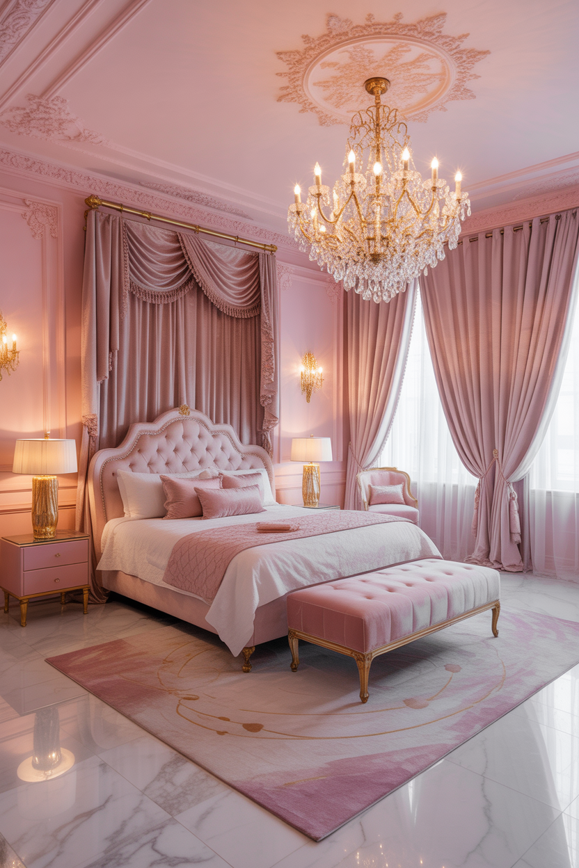 Show-stopping crystal chandelier in luxurious pink maximalist bedroom
