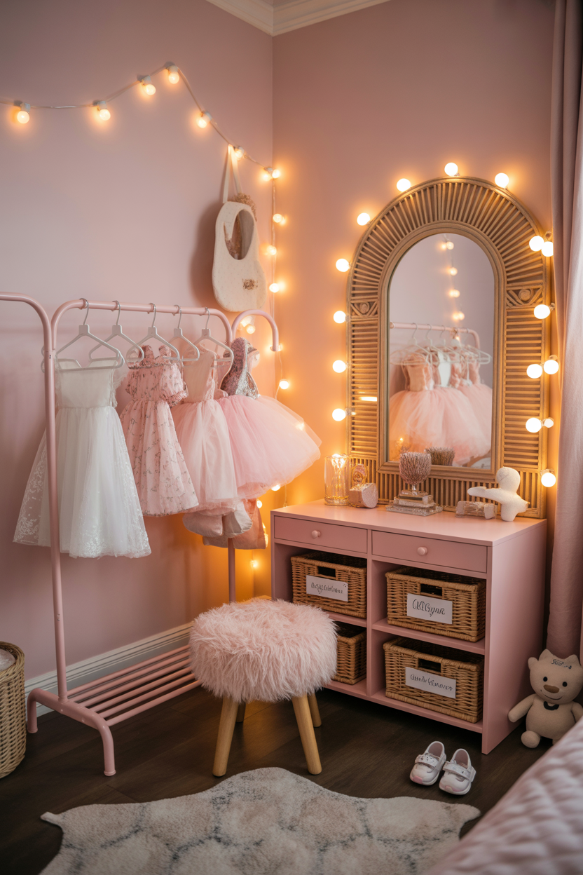 Blush pink dress-up clothing rack with labeled bins and rattan mirror in a maximalist girls' bedroom