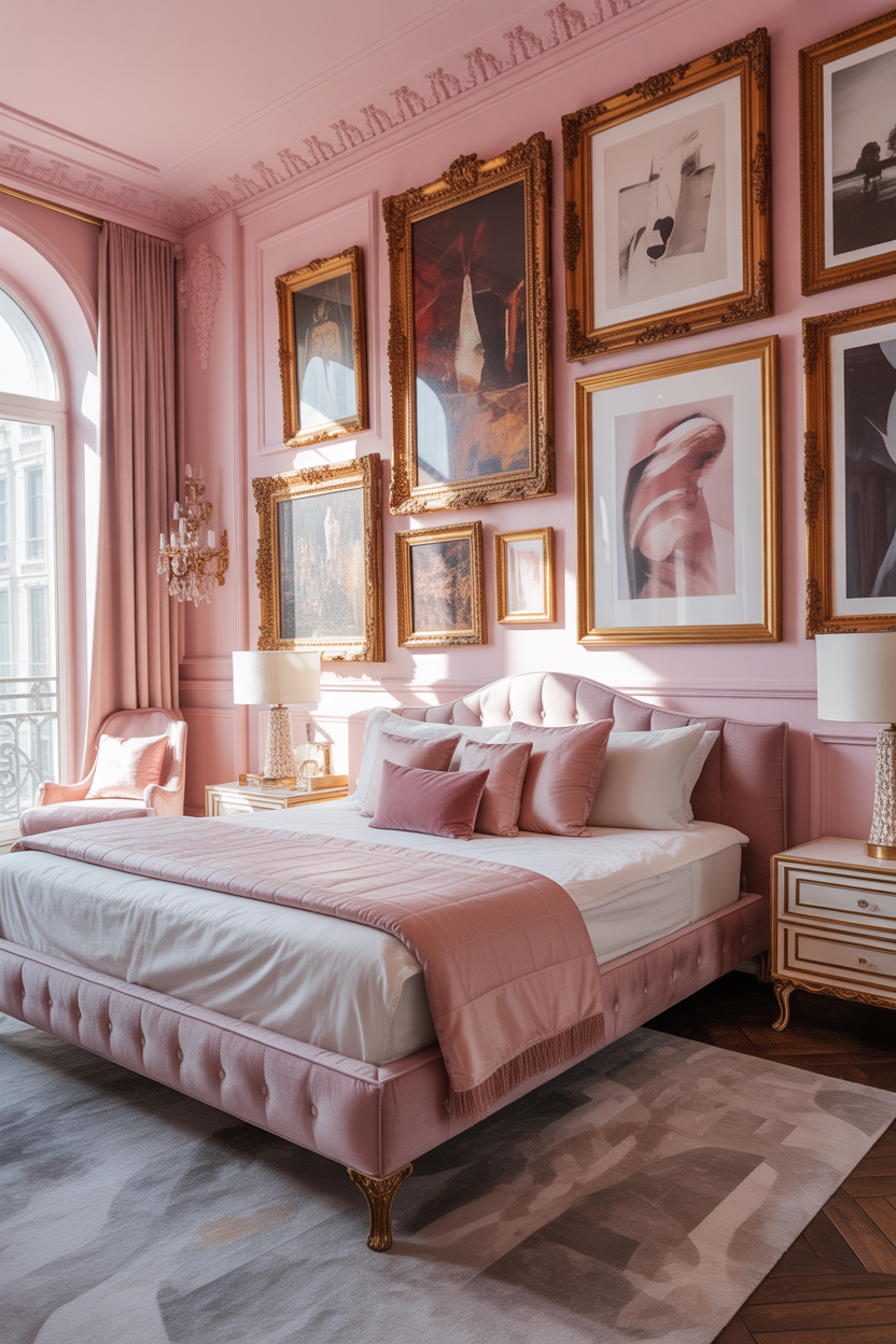 Pink maximalist bedroom with floor-to-ceiling gallery wall using mixed vintage frames