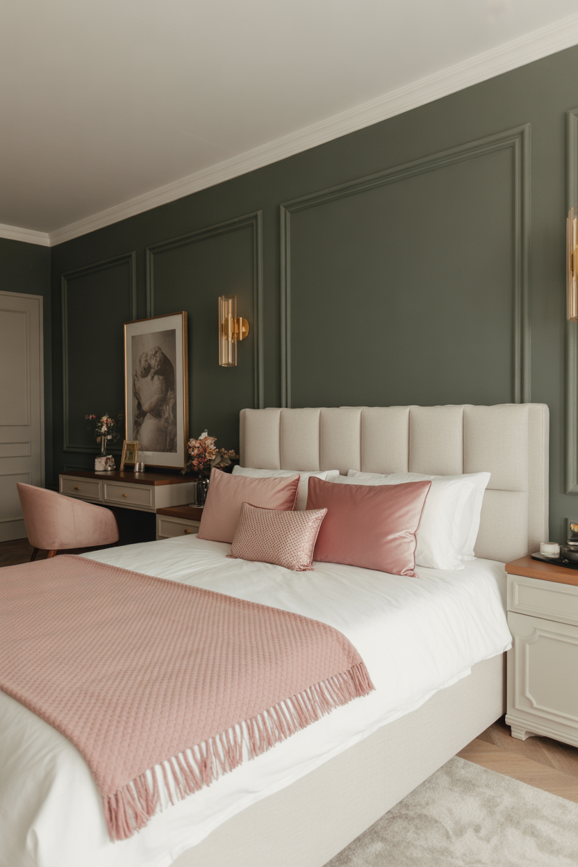 Sage green accent wall bedroom with white bed frame and pink accents for a fresh modern look