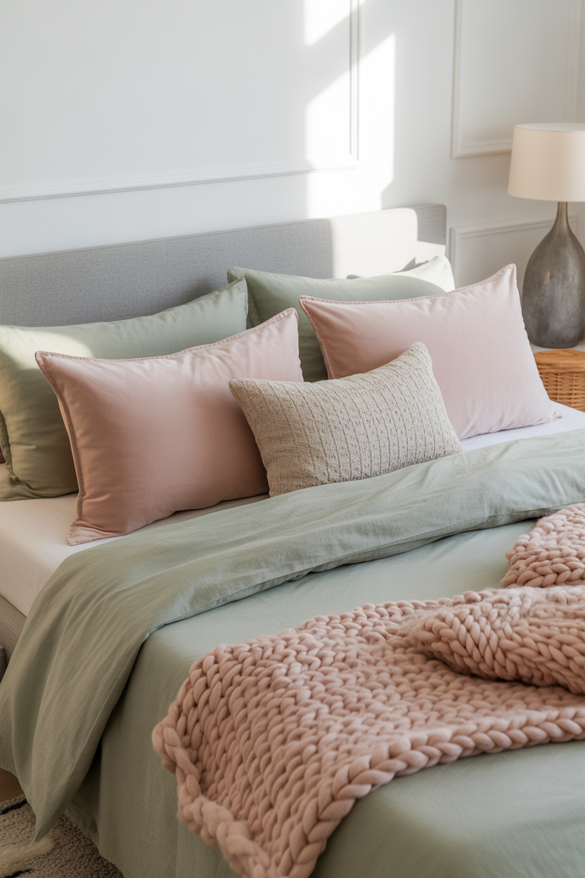 Sage green and blush pink layered bedding with a chunky knit throw for a cozy aesthetic bedroom look