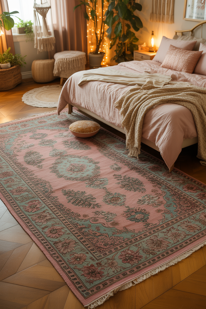Pink and green vintage rug in boho bedroom with wooden floor and soft bedding for a cozy aesthetic