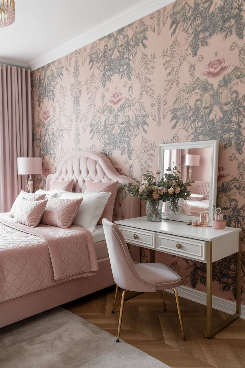 Pink and green floral wallpaper bedroom with white furniture and botanical decor for a romantic aesthetic