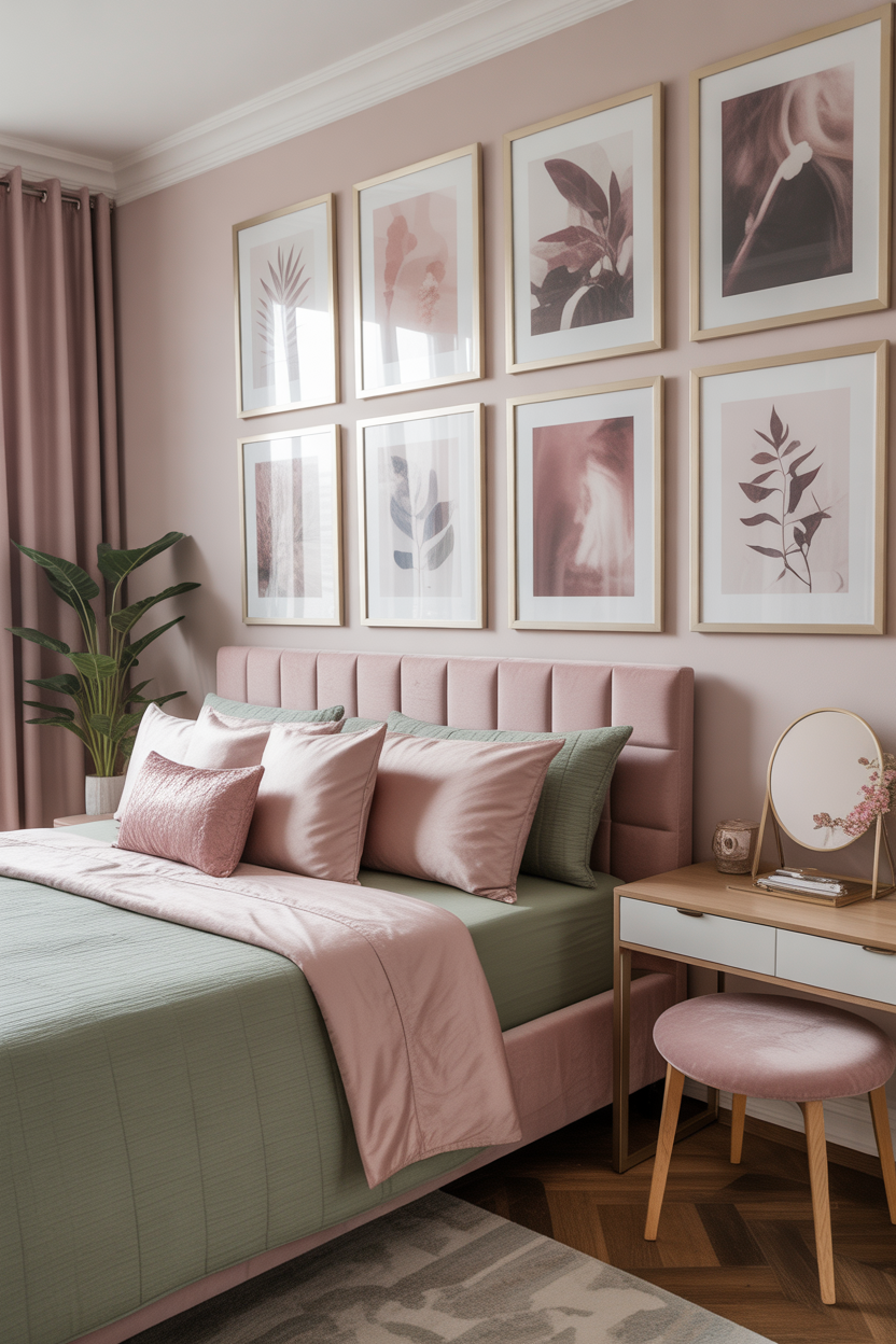Pink and green gallery wall bedroom with botanical prints and mixed frames for an aesthetic decor look
