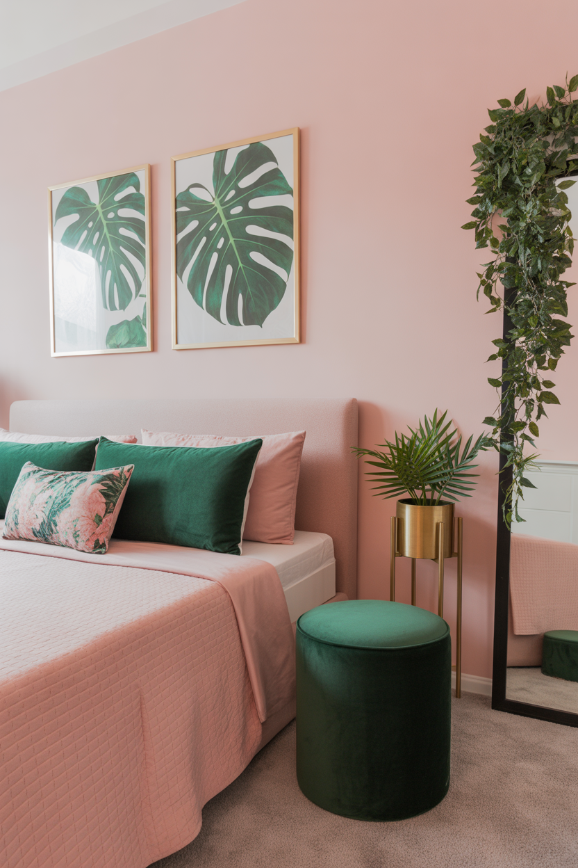 Pink and green maximalist color clash in small bedroom with emerald velvet accents