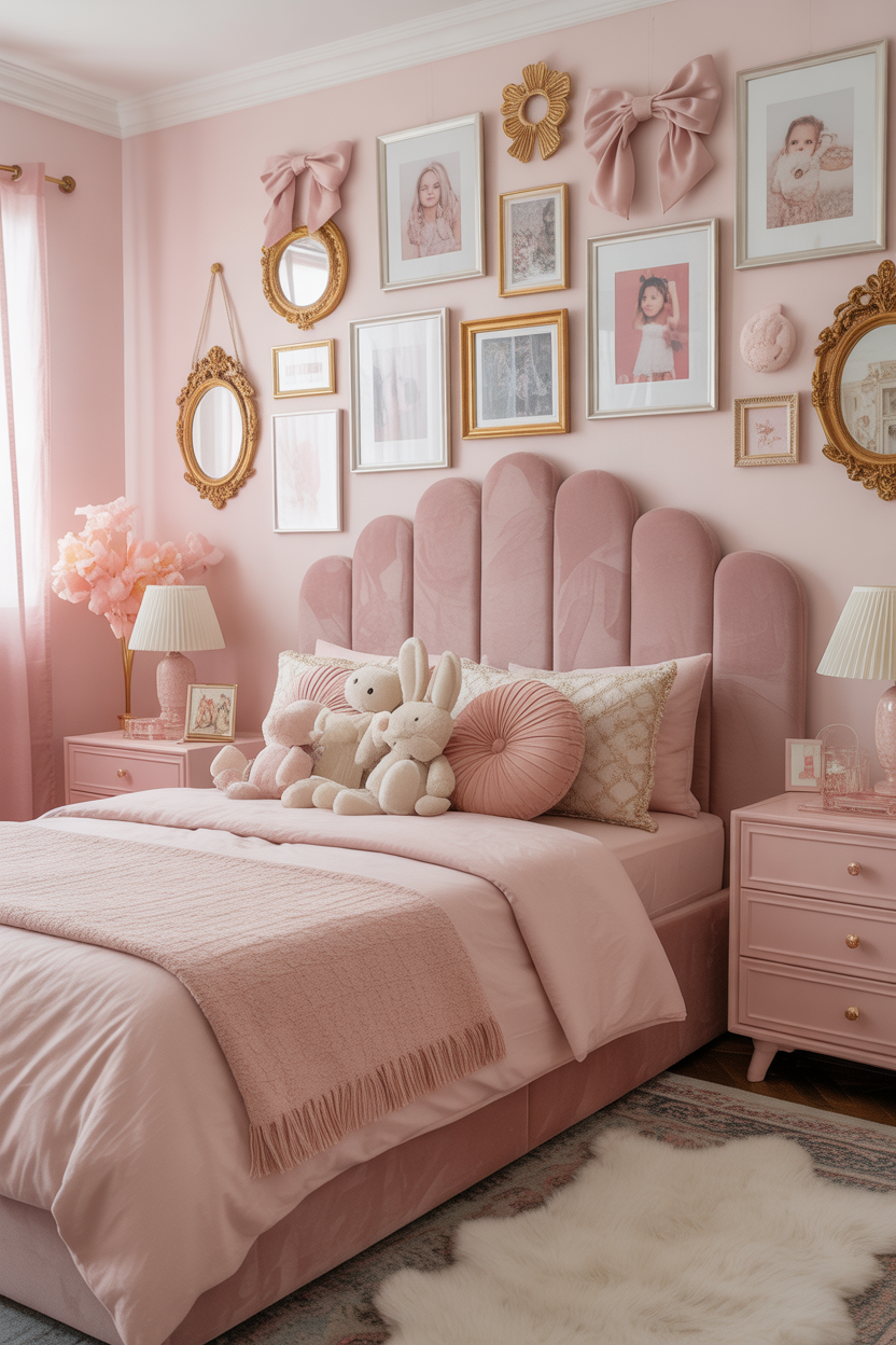 Blush pink velvet headboard with eclectic gallery wall of framed art and photos in a maximalist kids' bedroom