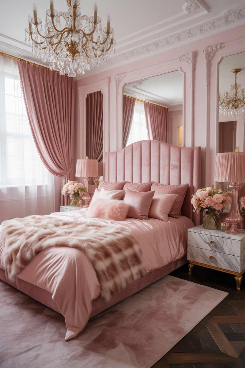 Stylish pink bedroom ideas with dramatic maximalist design
