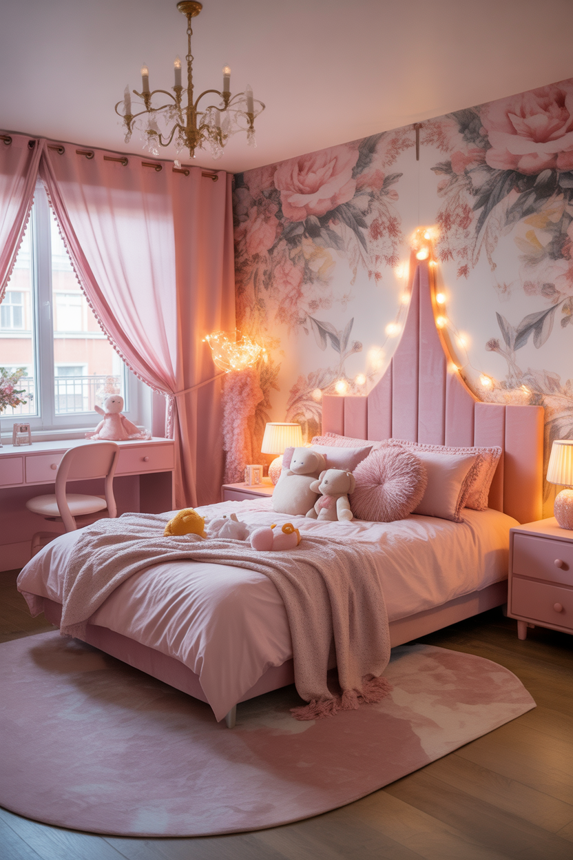 Luxury pink kids bedroom ideas featuring maximalist princess-inspired room decor