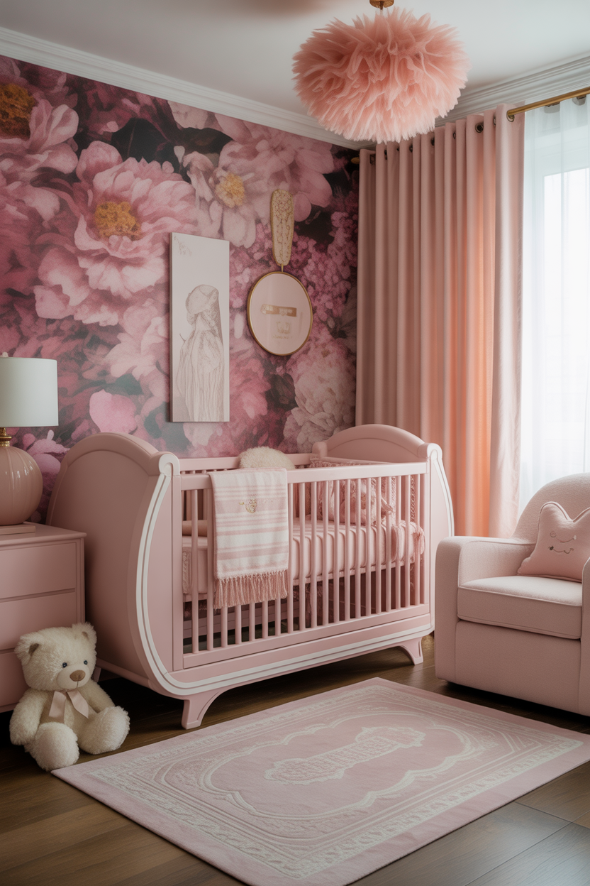 Bold pink maximalist nursery with floral wallpaper, white convertible crib and gallery wall of animal prints