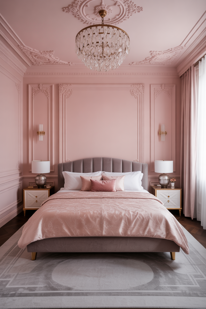 Pink painted ceiling, adding unexpected maximalist detail to the bedroom