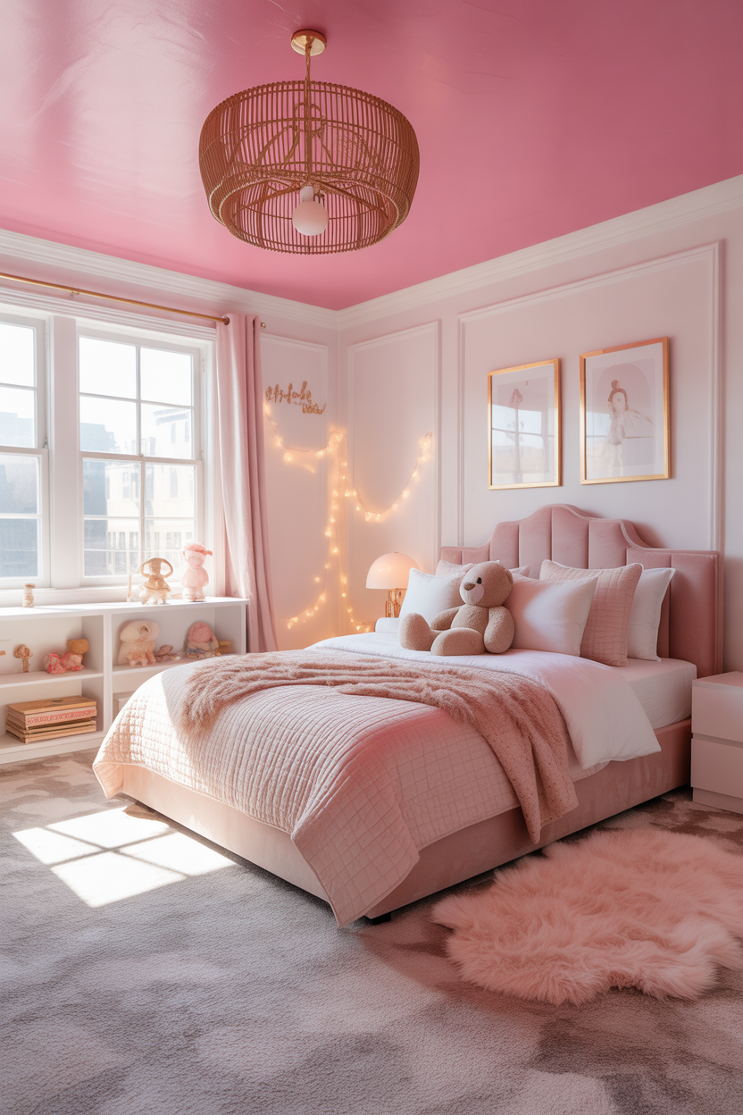Bubblegum pink ceiling in a maximalist kids' bedroom with white walls, rattan pendant light, and layered bedding
