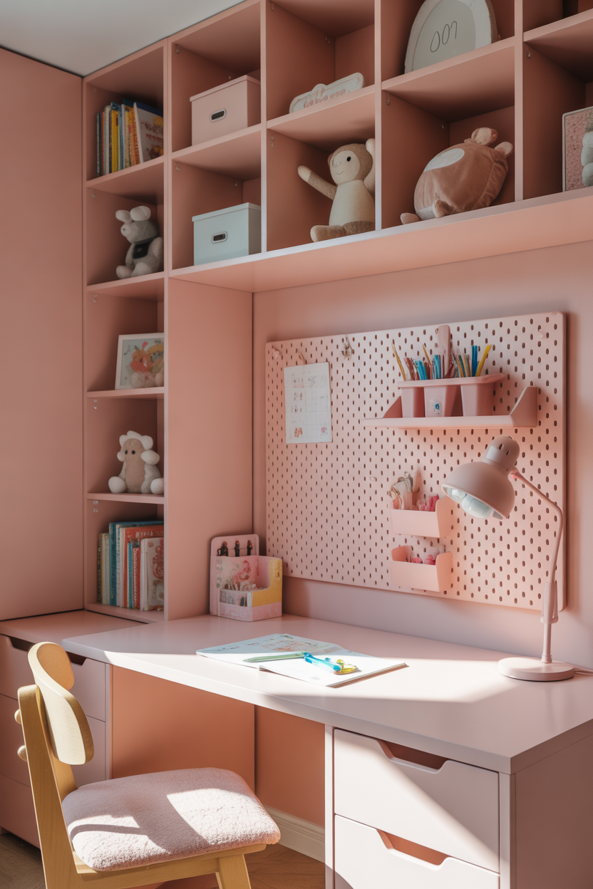 Pink pegboard homework nook with organized supplies above a white wooden desk in a maximalist kids' bedroom