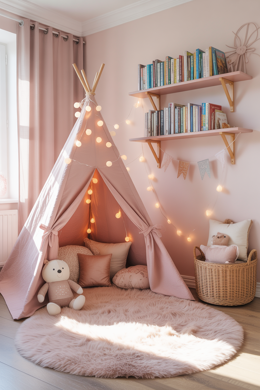 Pink fabric teepee reading corner with fairy lights and book ledges in a cozy maximalist kids' bedroom