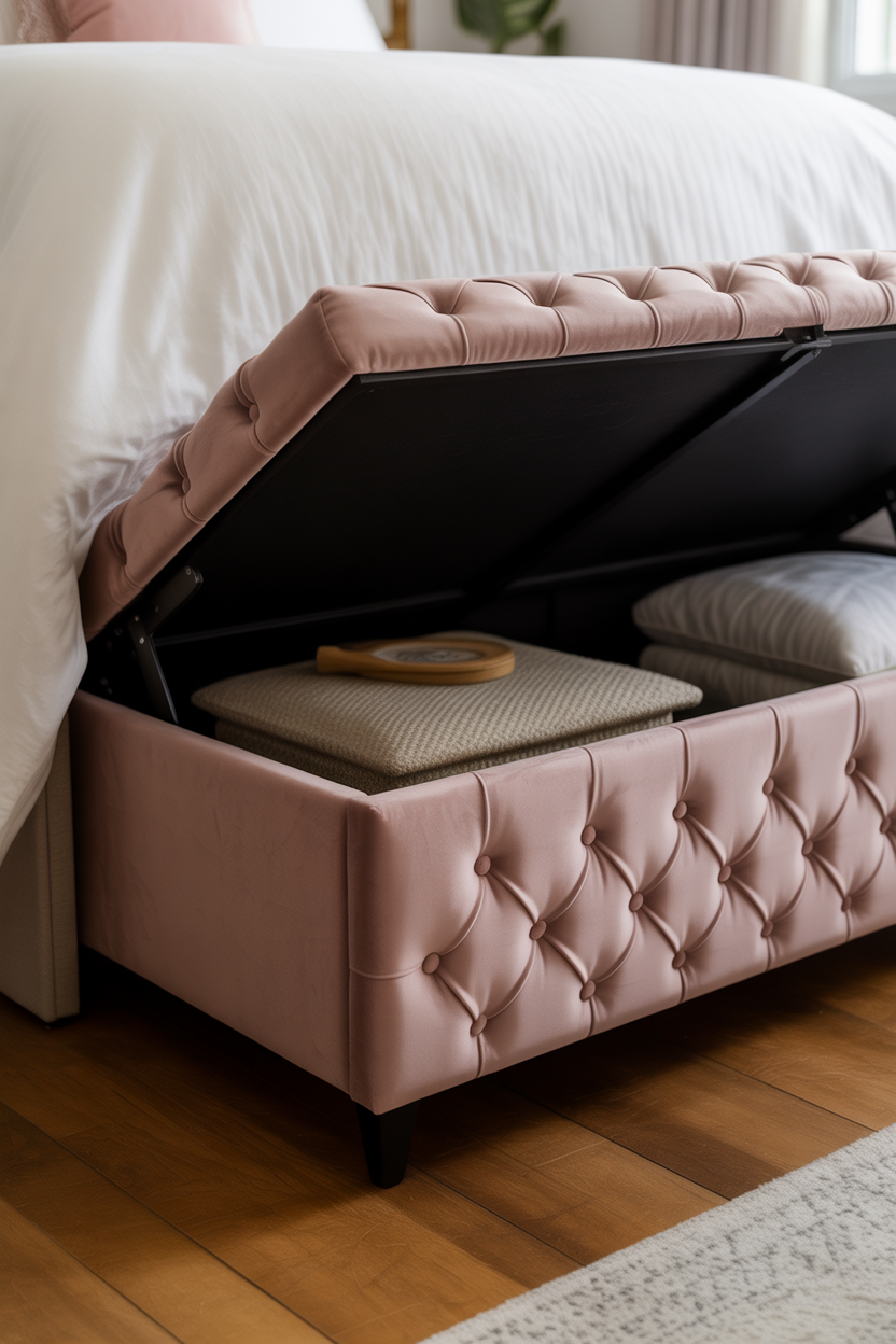 Compact pink tufted storage ottoman at foot of bed in small bedroom