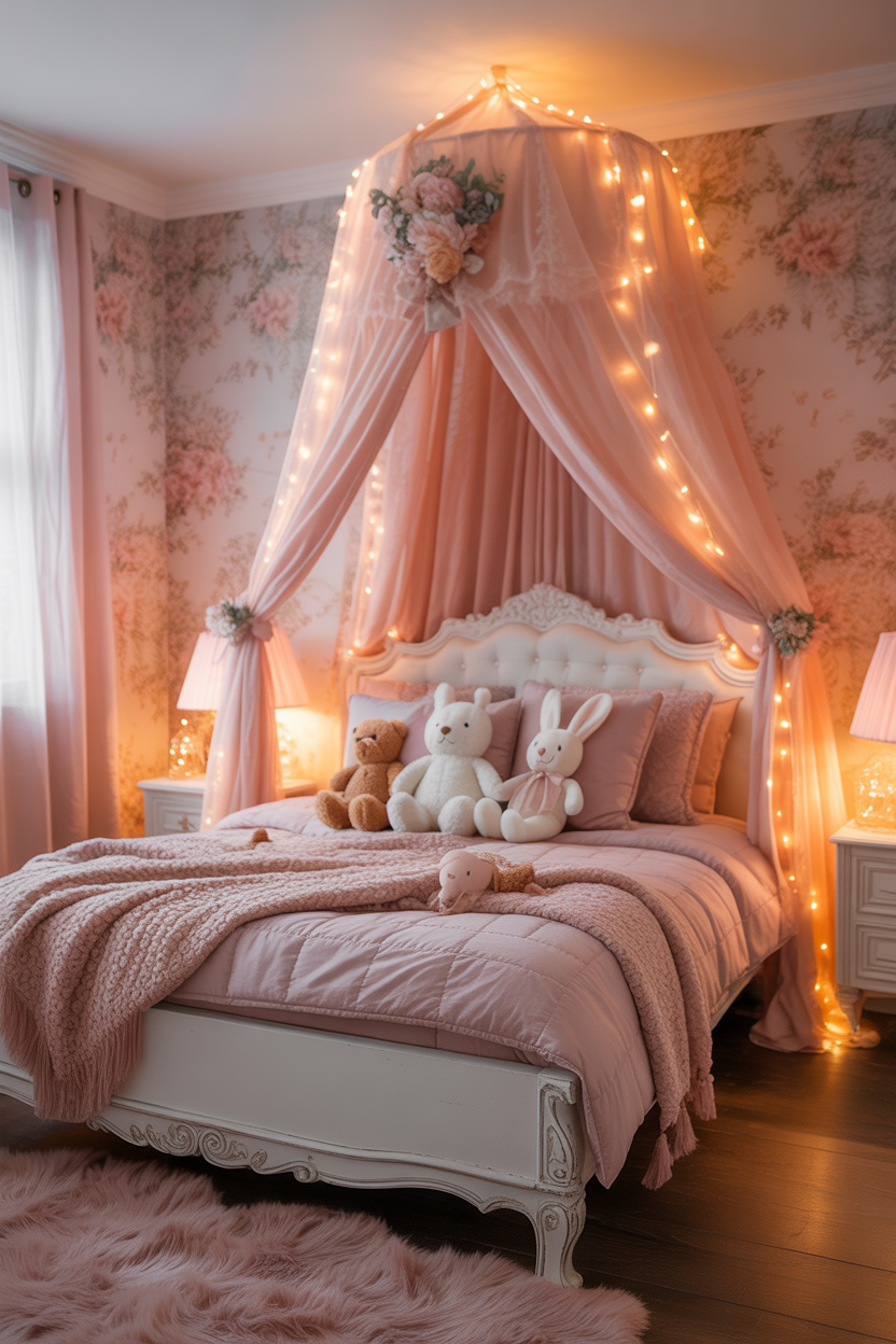 Pink tulle canopy with fairy lights draped over a white bed in a dreamy maximalist kids' bedroom